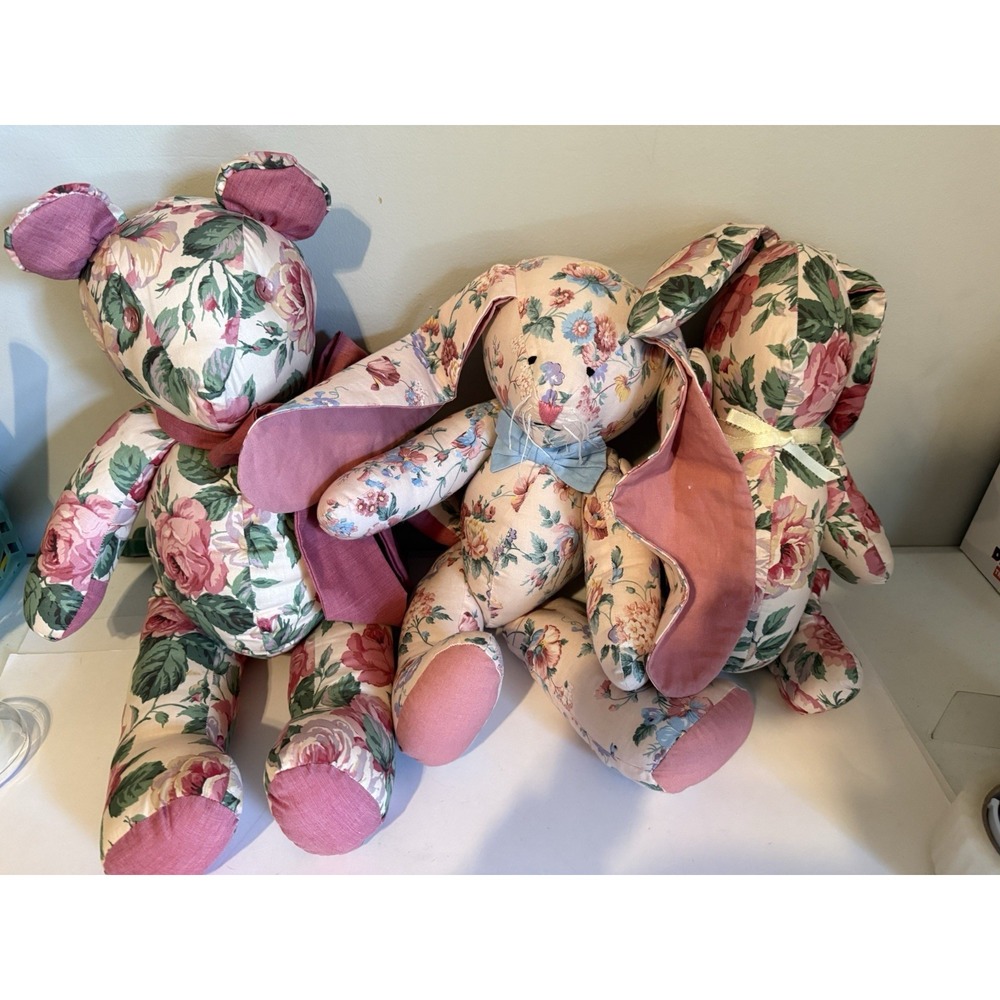 Cottagecore Floral Chintz Stuffed Bear And 2 Rabbits. Adorable!